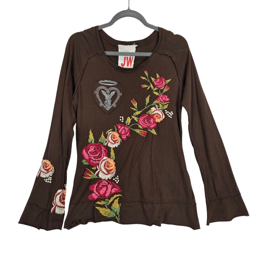 Johnny Was Brown Long Sleeve Top L Pink Yellow Floral Embroidered Boho 70's Vibe